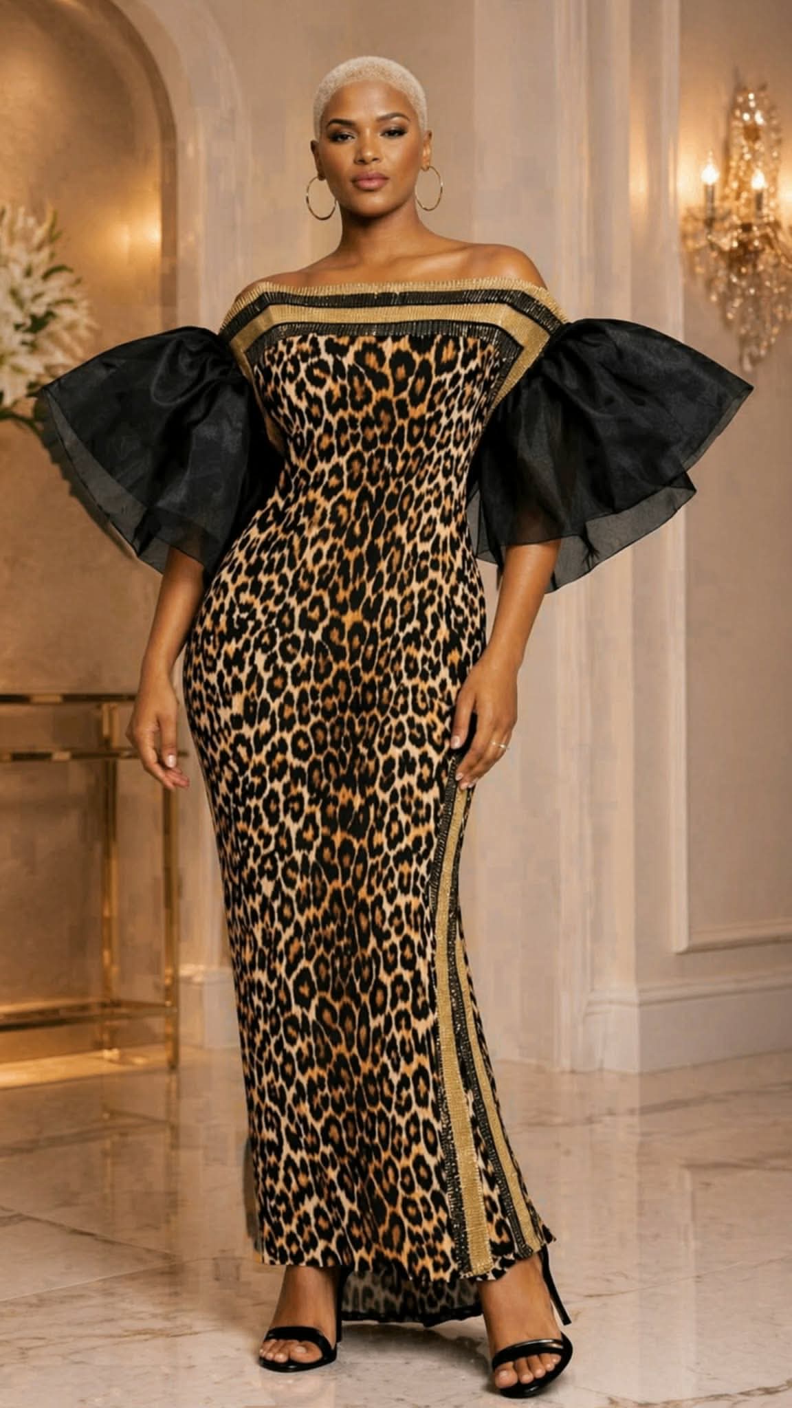 leopard sheer dress 041626 Bold Print W/ Dramatic Sleeves Macis Design White Petal Size:15 1/2 32/33 Slim Sheer mesh fabric with fairies
