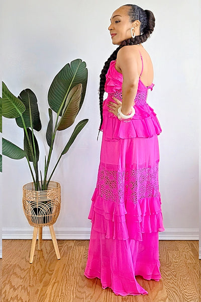 strapless open back dress 051625 Hot Pink Solid Ruffle Crochet Detail Tiered Maxi Dress –  UNIK-ELEGANCE