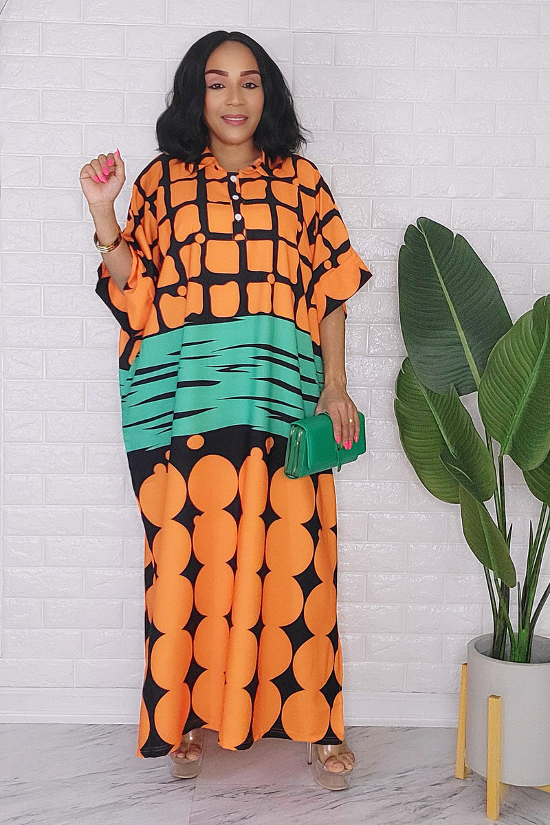 020824 The orange & Green Pattern Printed Maxi Dress