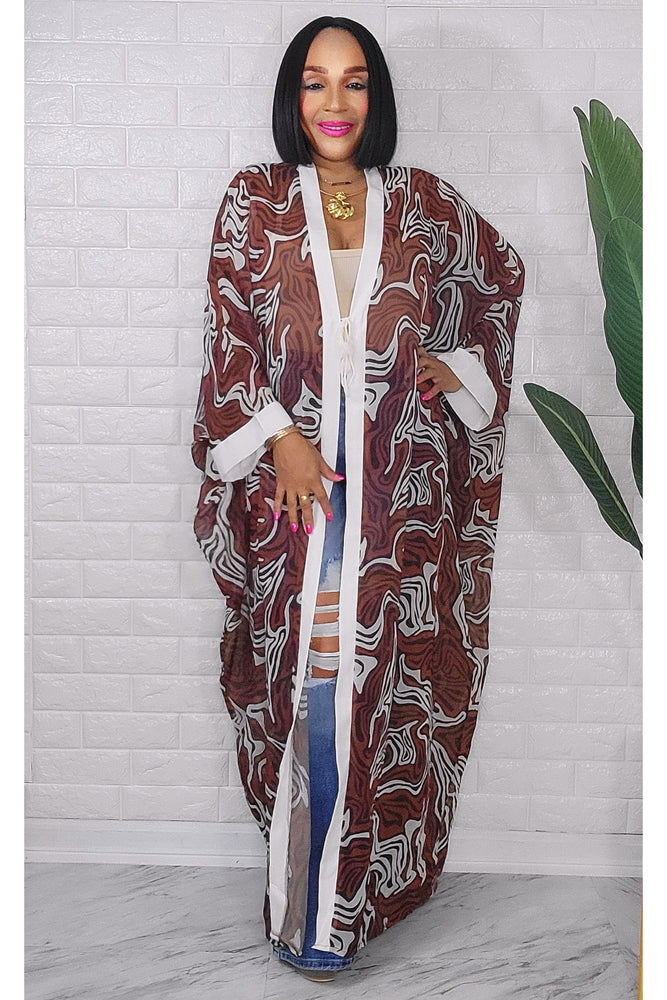 101723 Brown Animals Swirl Print Sheer  Kimono Duster One Size fit