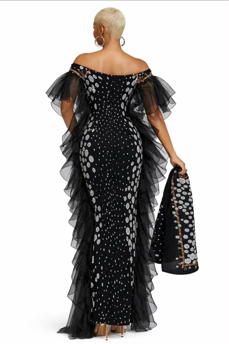 041626 Black Off-shoulder Printed Ruffle Dress