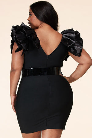 101923 Black Statement sleeve bandage midi dress w Belt