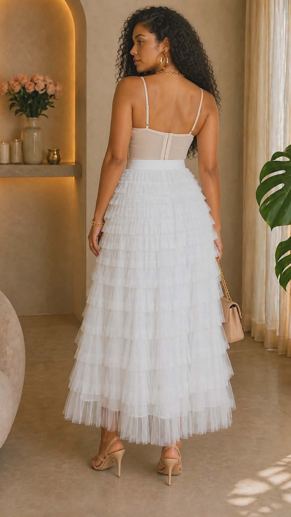 112725  Cream Cascading Tulle Mesh Tiered Max Skirt- PREORDER