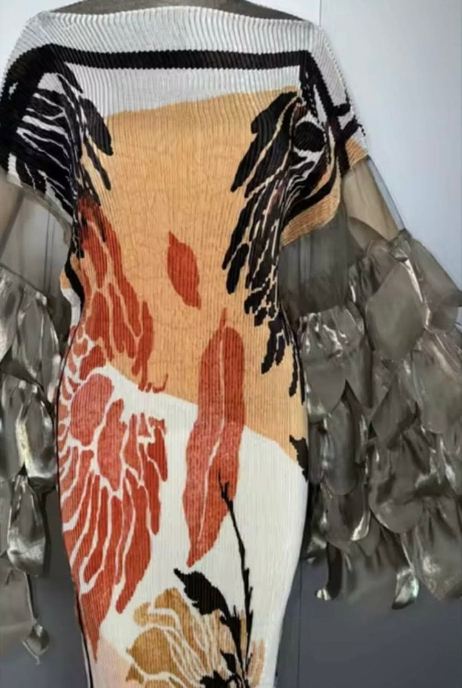 041626   Orange Multi Golden Bloom Ruffle Sleeves Dress  PREORDER