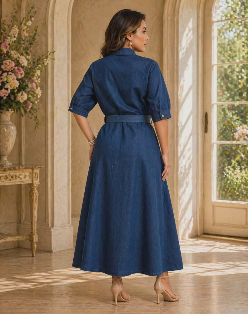 042326 The Blue Casual Belted Stretchable Denim Maxi Dress