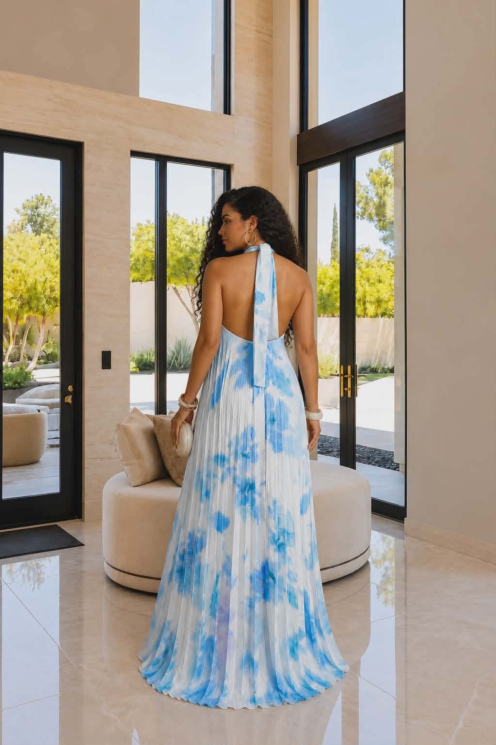 020525 The Blue Tie Dye Pleated Key Hole Open Back Maxi Dress