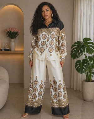 012225 The Brown Graphic Print Shirt And Pants Satin Set