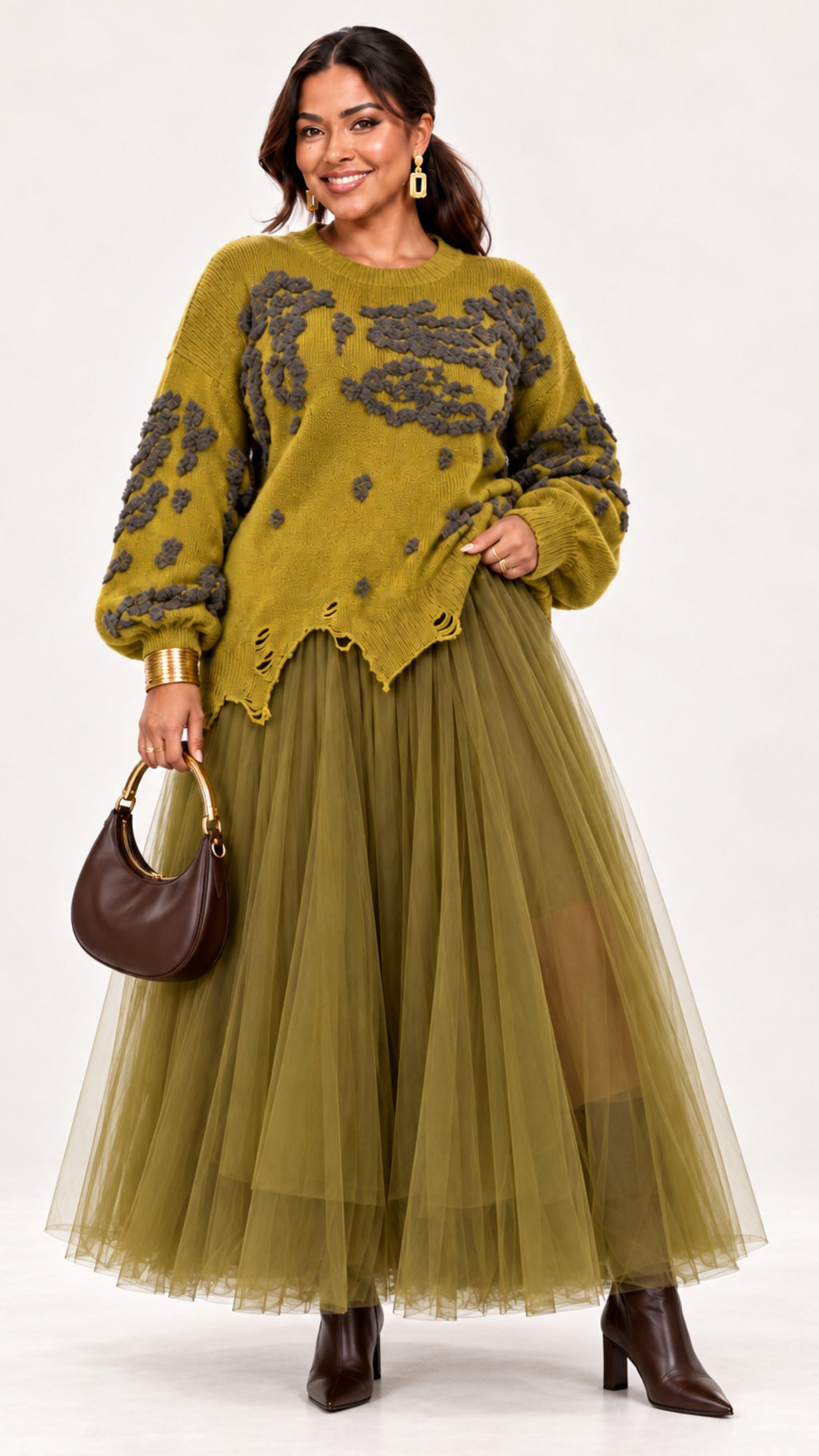 Artful Elegance Texture Knit & Tulle Dress One size- PREORDER