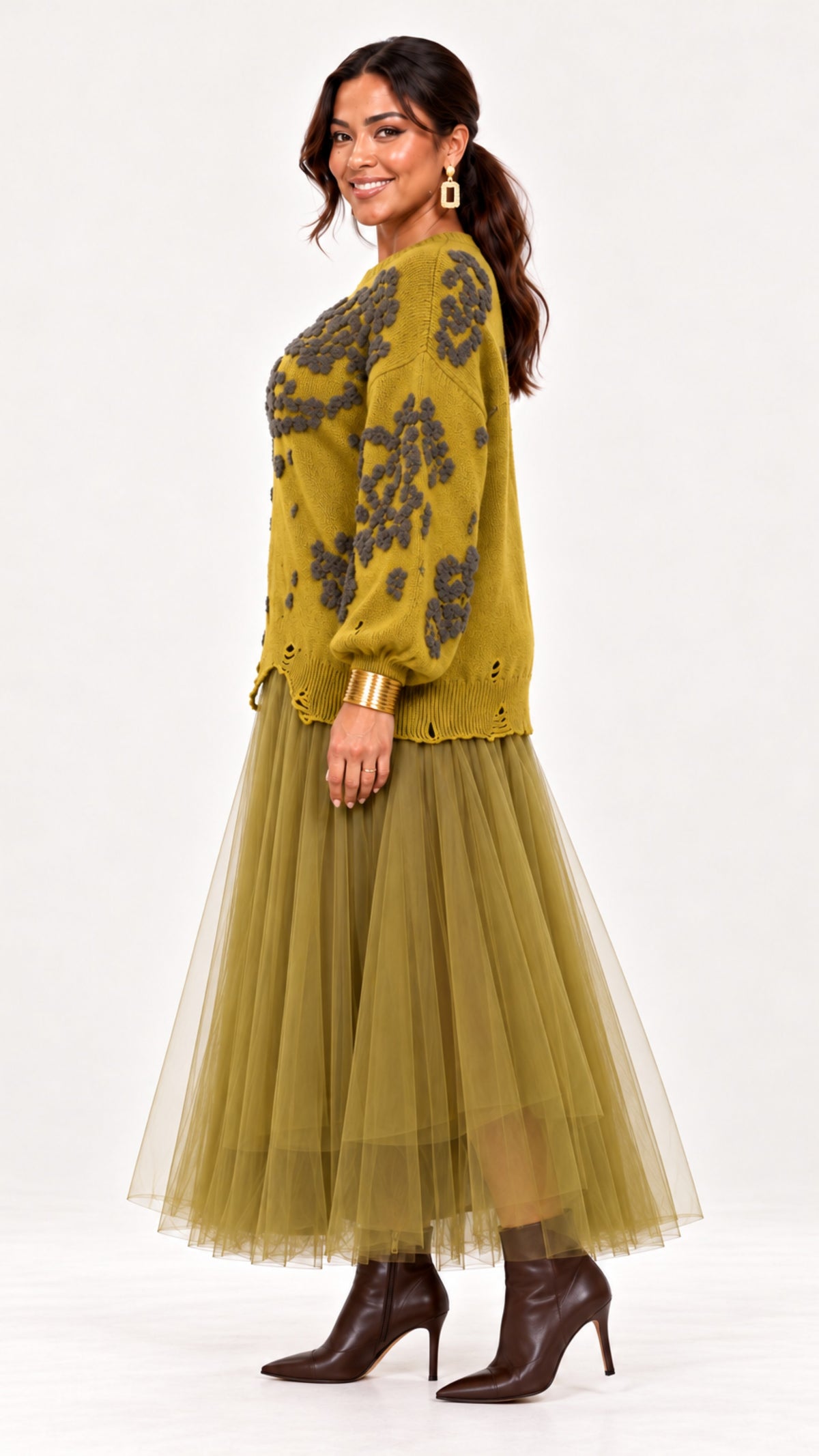 Artful Elegance Texture Knit & Tulle Dress One size- PREORDER