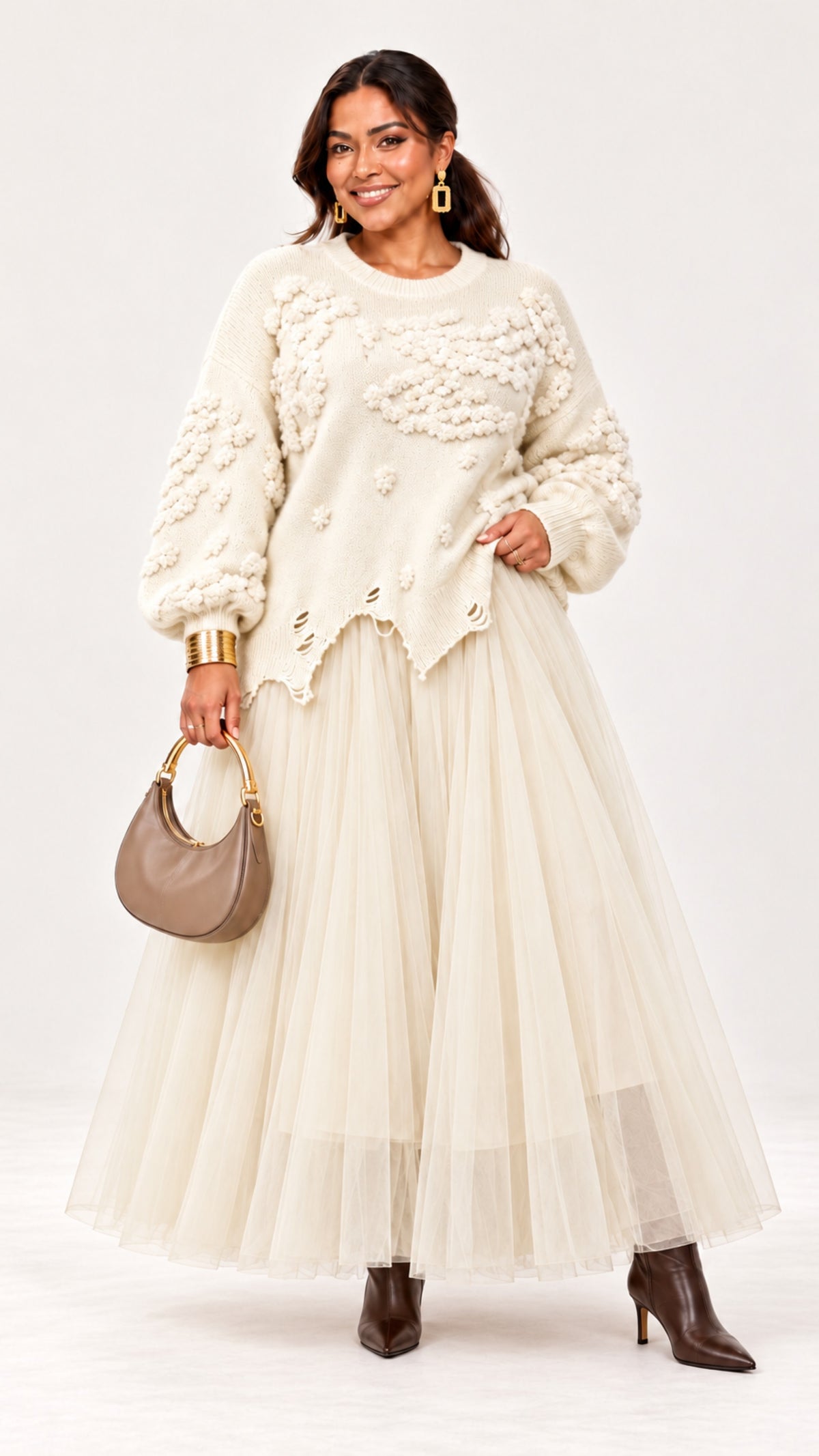 Artful Elegance Texture Knit & Tulle Dress One size- PREORDER