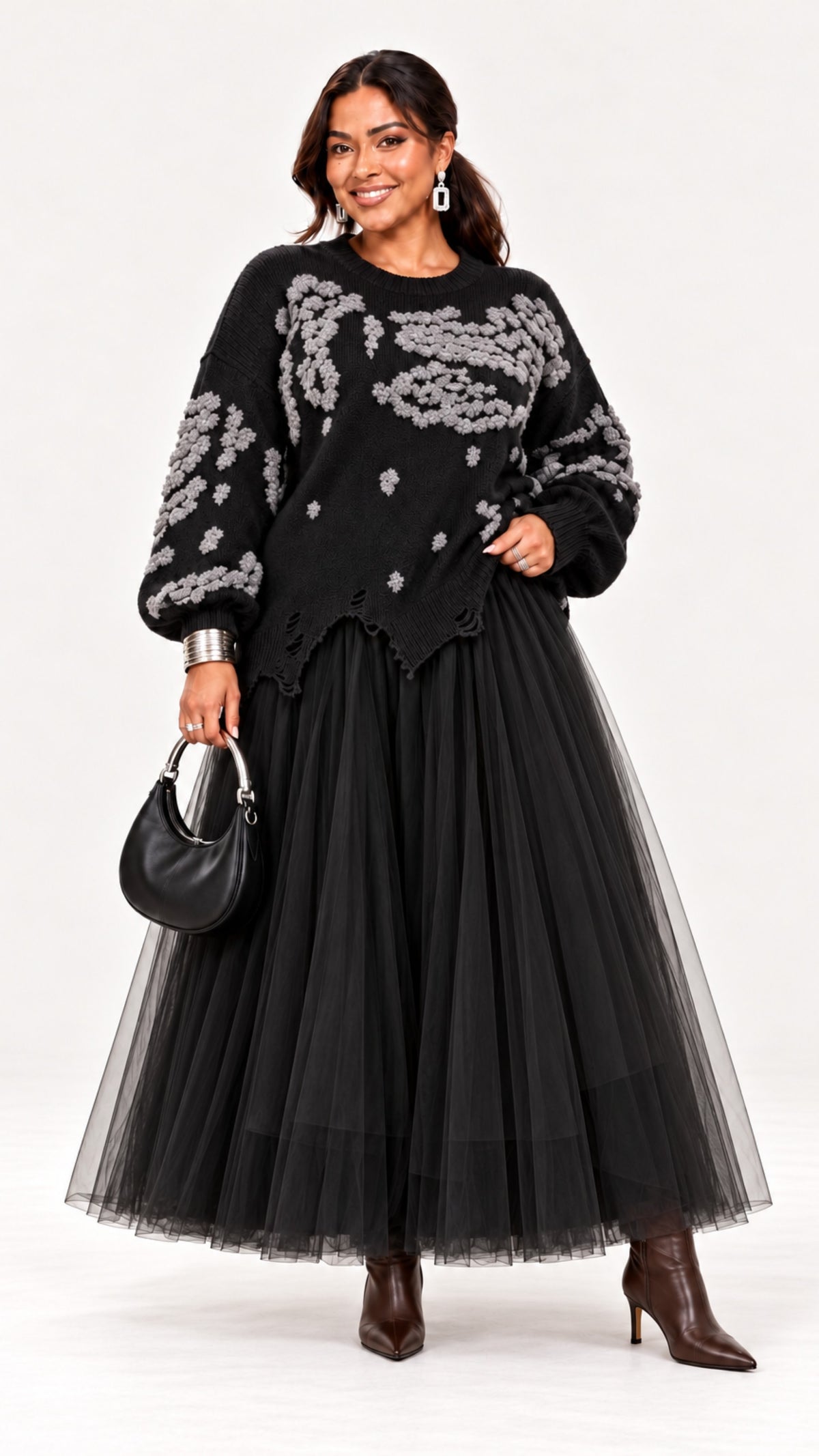 Artful Elegance Texture Knit & Tulle Dress One size- PREORDER