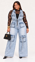 Street Chic Acid Wash Denim Cargo Jumpsuit- PREORDER