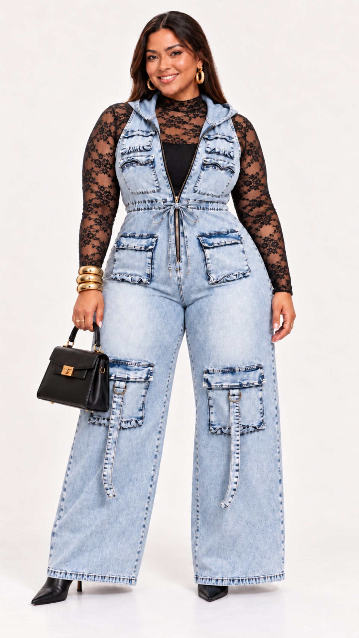 Street Chic Acid Wash Denim Cargo Jumpsuit- PREORDER