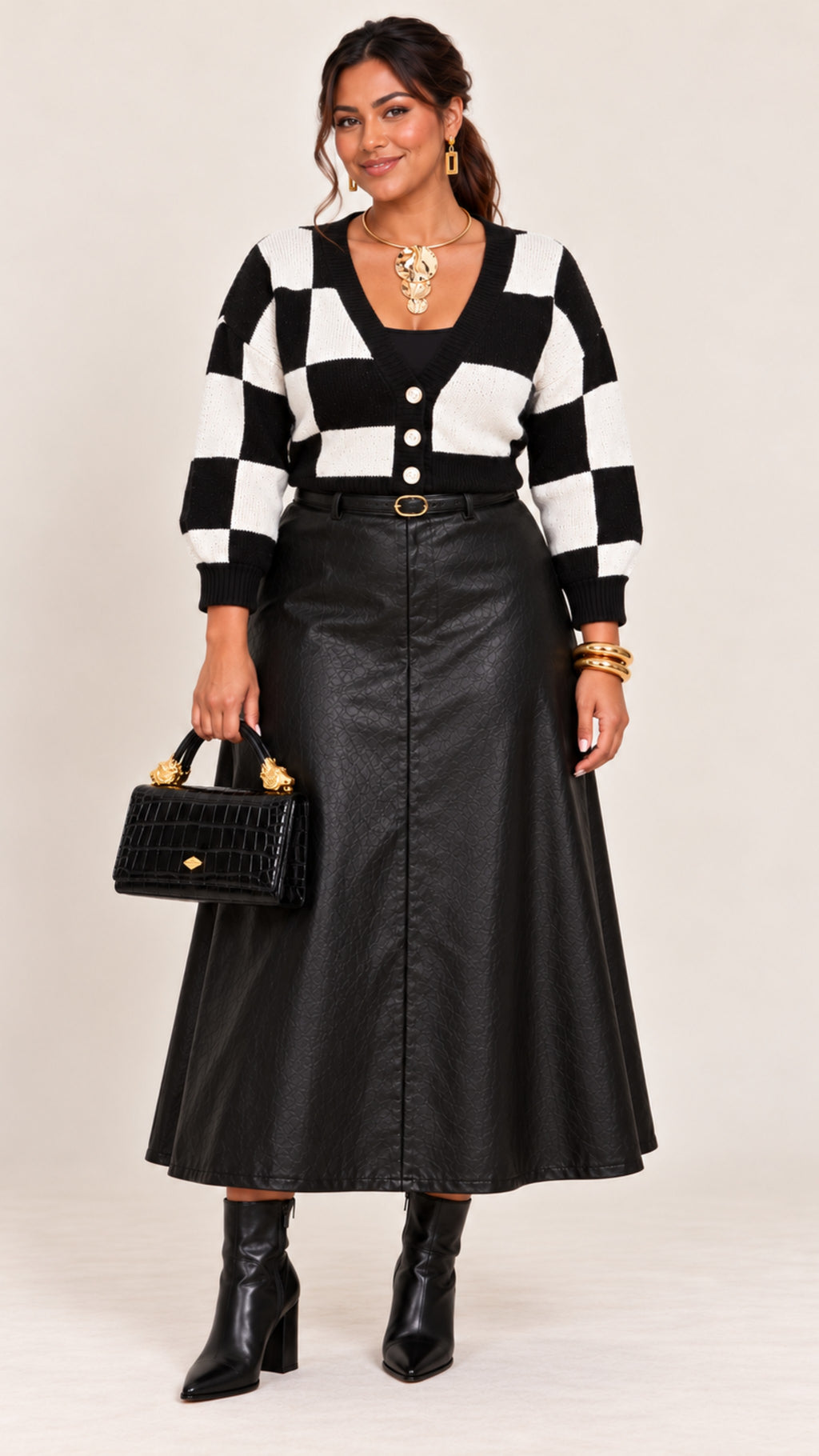 Black & White Checkerboard Print Cropped Knit V-neck Cardigan