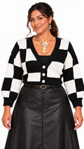 Black & White Checkerboard Print Cropped Knit V-neck Cardigan