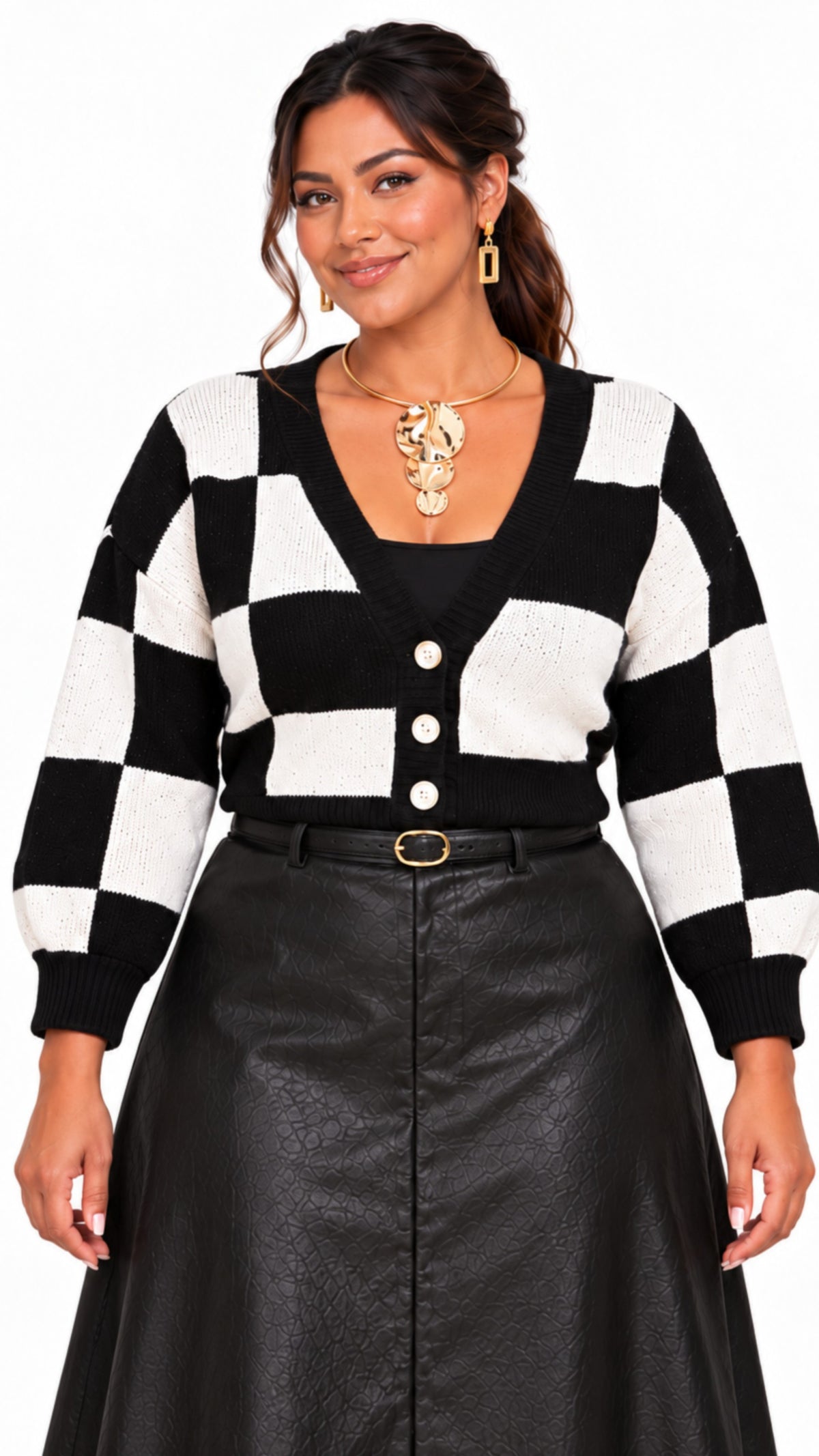 Black & White Checkerboard Print Cropped Knit V-neck Cardigan