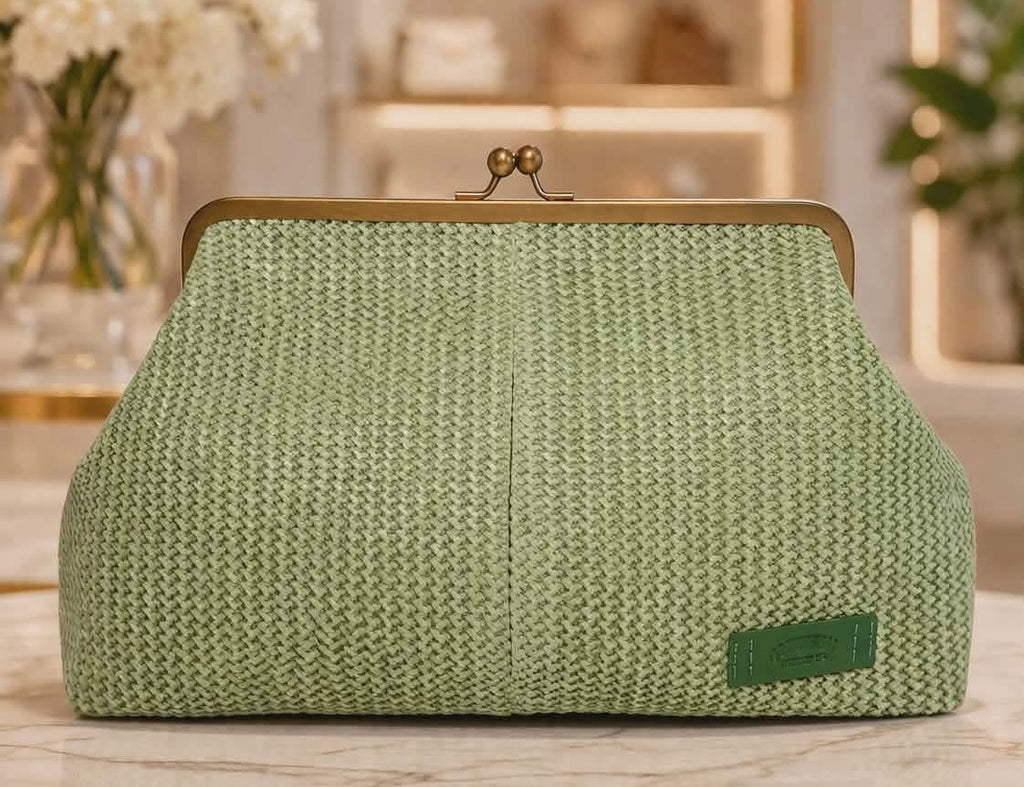 Grace Raffia Oversized Kiss Lock Clutch -  Clover Green