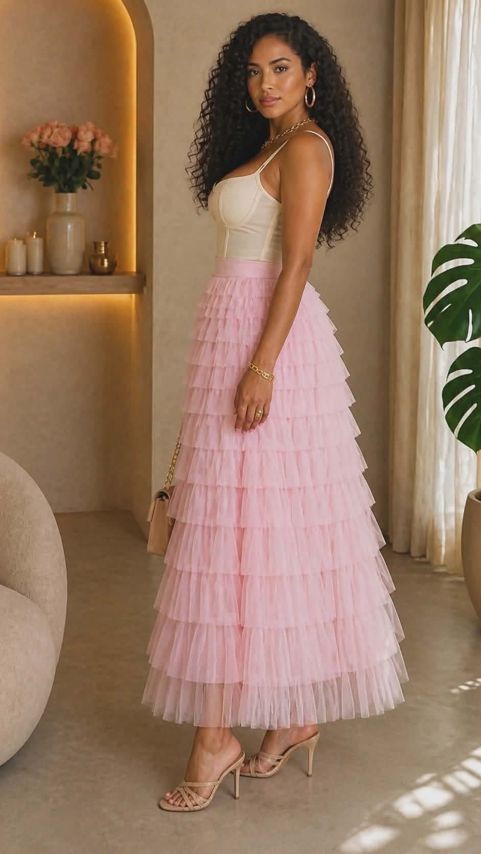 041326 Blush Cascading Tulle Mesh Tiered Max Skirt PREORDER