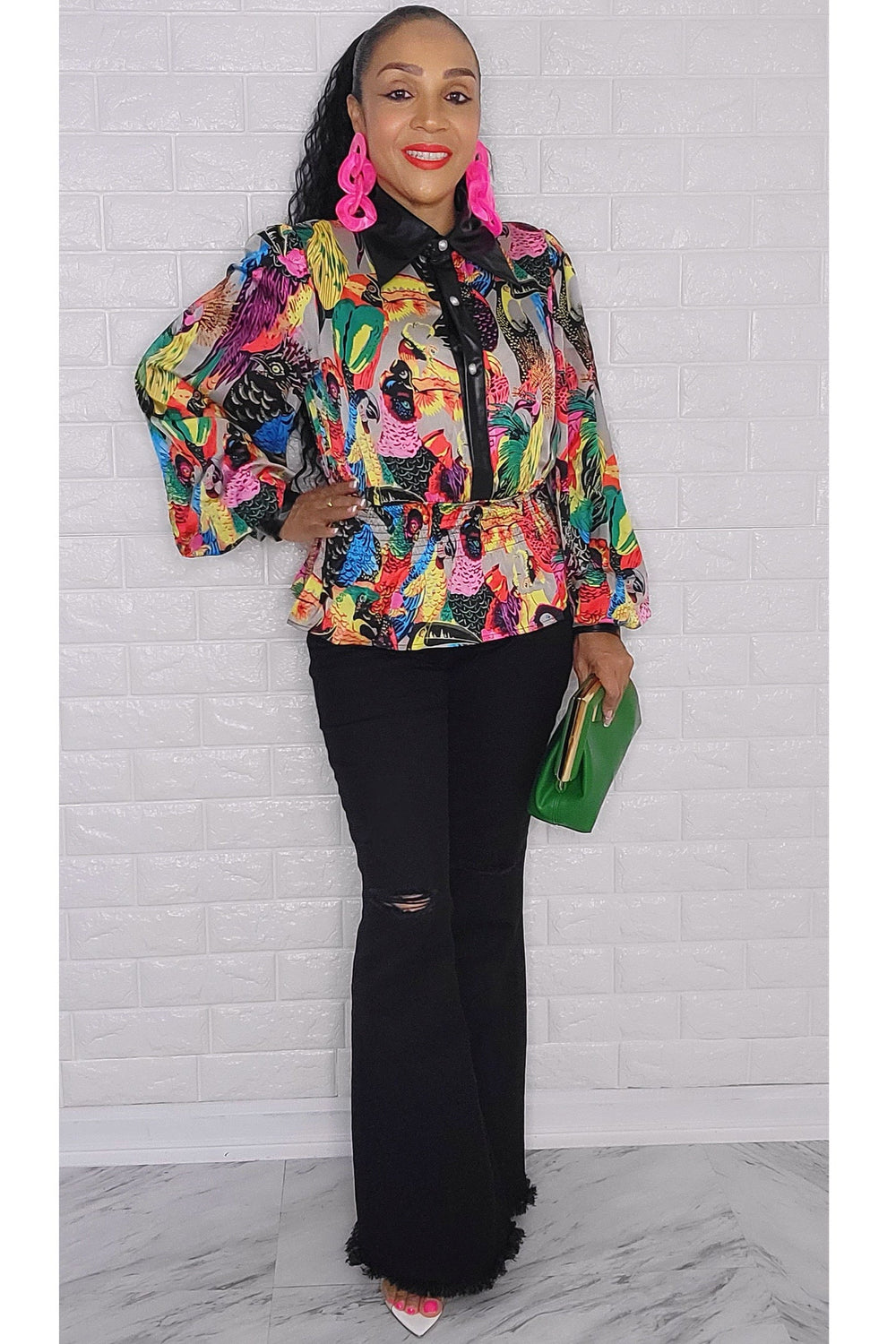 102423  The Printed Long Sleeve Leather Details Top