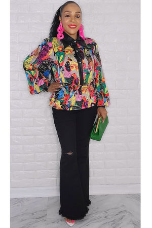 102423  The Printed Long Sleeve Leather Details Top