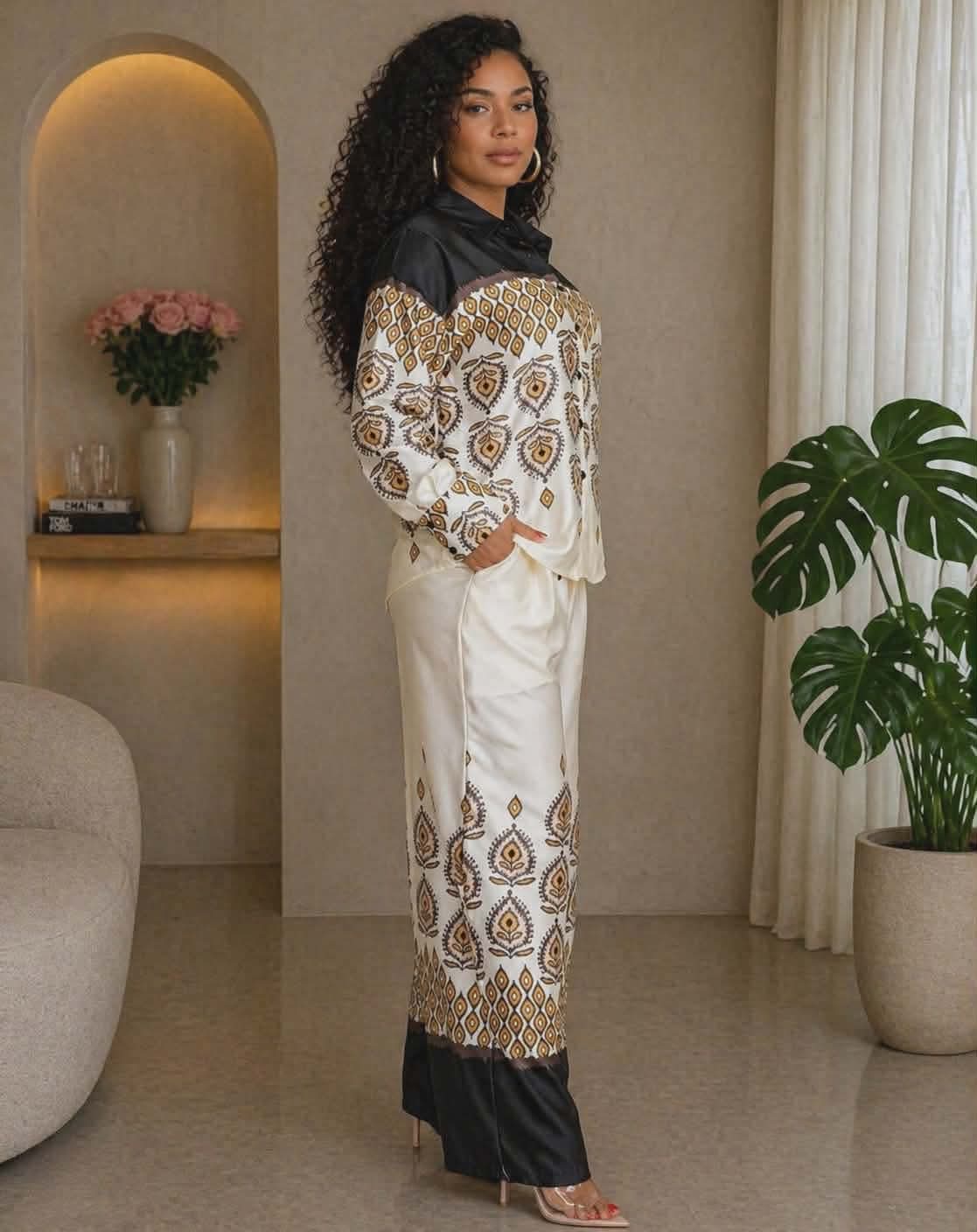 012225 The Brown Graphic Print Shirt And Pants Satin Set