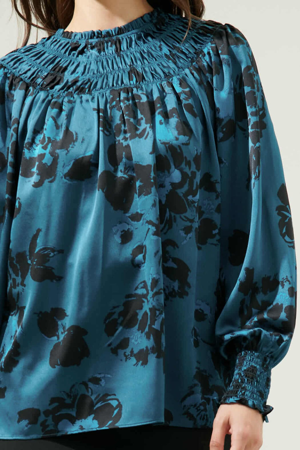 040925 Spring Teal Black Florals V Mock Neck Smock Blouse