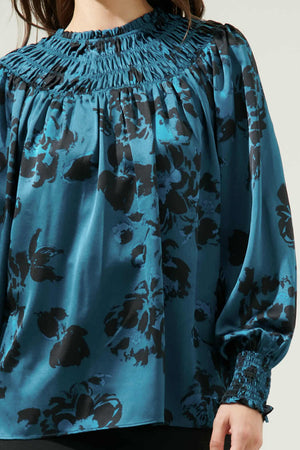 040925 Spring Teal Black Florals V Mock Neck Smock Blouse