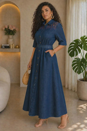 042326 The Blue Casual Belted Stretchable Denim Maxi Dress