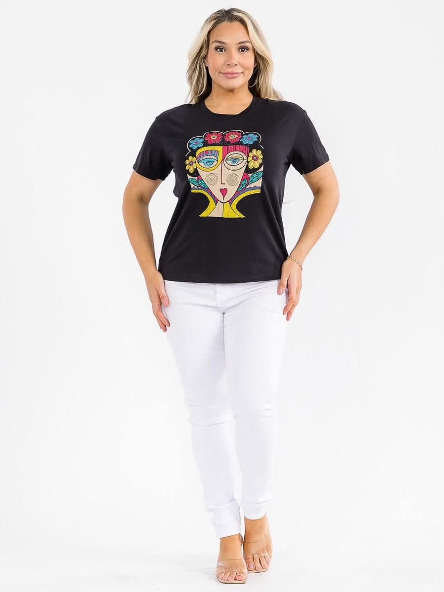 021226 Black Stylized Abstract Female face Illustration Graphic Top