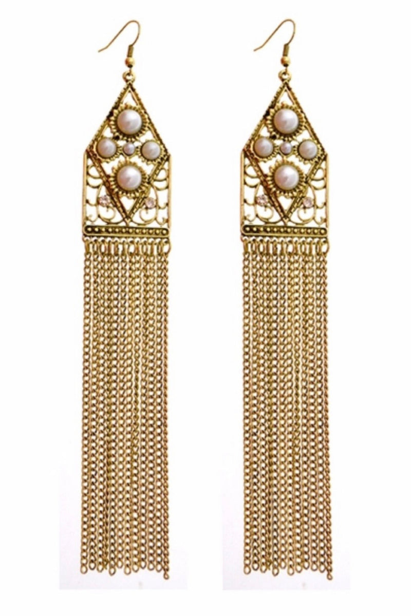 011824  Burnish Gold Pearl Chain Drop Earrings