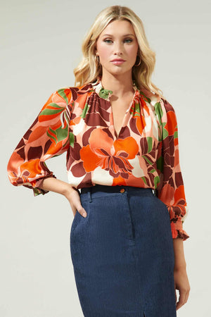 040925 Spring Peach Florals Ruffle V Neck Long Sleeve  Blouse