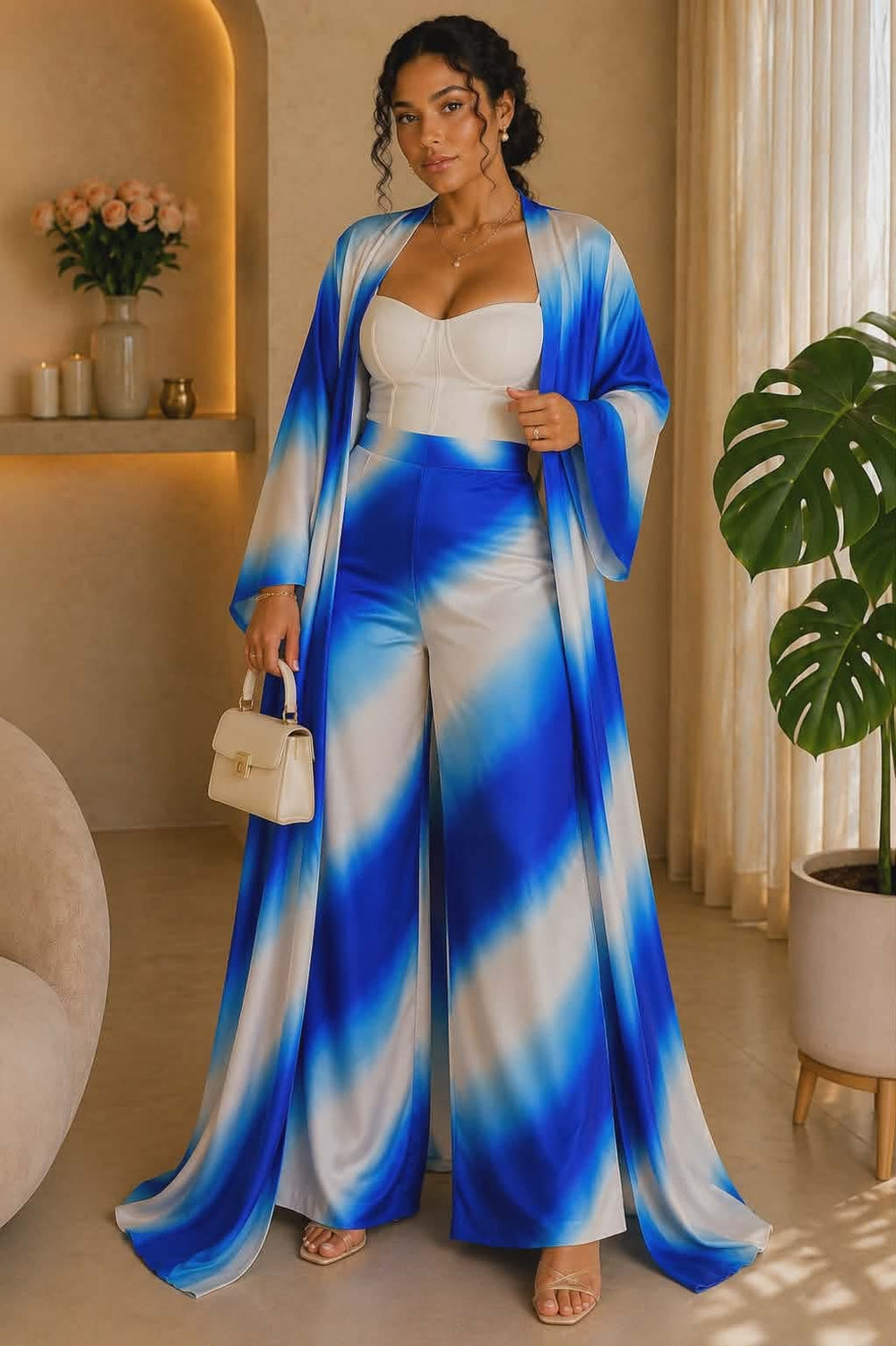 042623 The Blue Sky Vacation Duster & Wide Leg Palazzo Pant Set