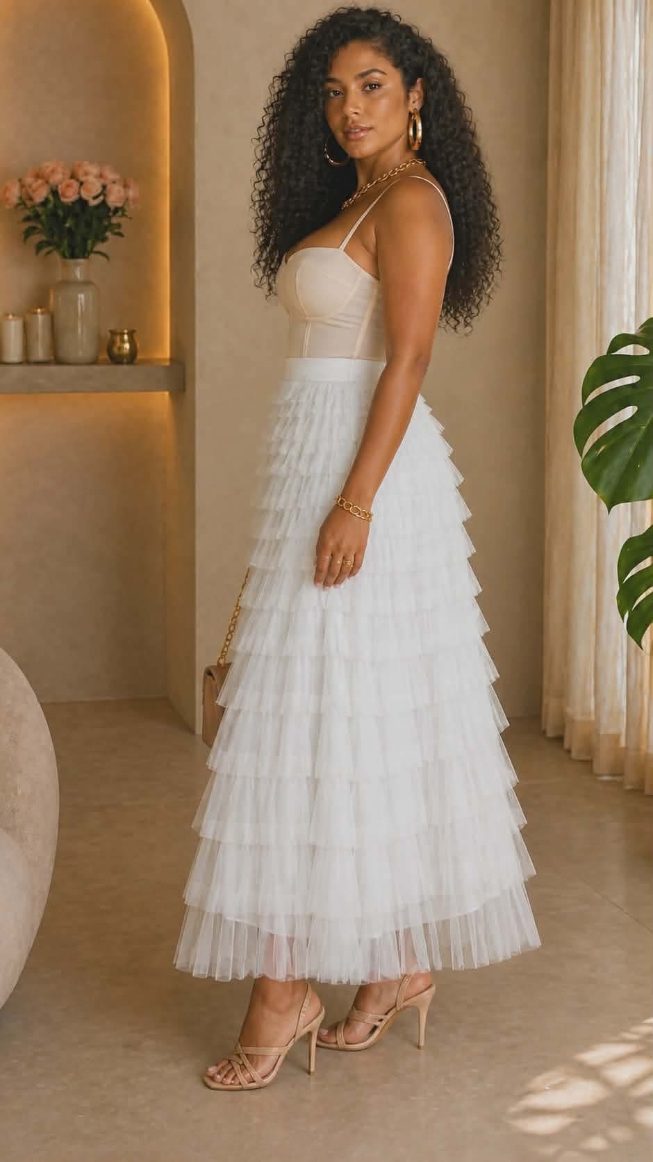 112725  Cream Cascading Tulle Mesh Tiered Max Skirt- PREORDER
