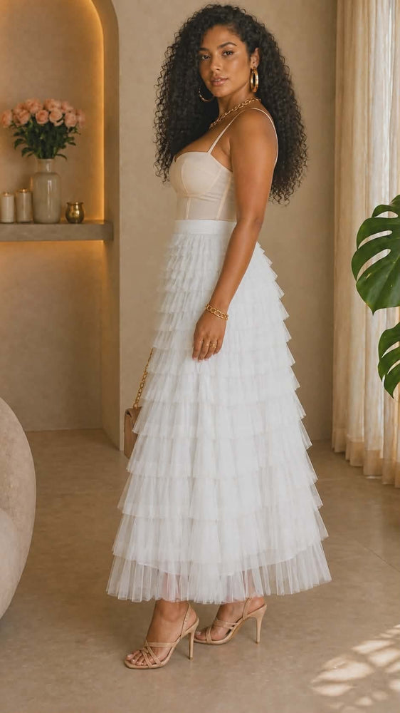 112725  Cream Cascading Tulle Mesh Tiered Max Skirt- PREORDER