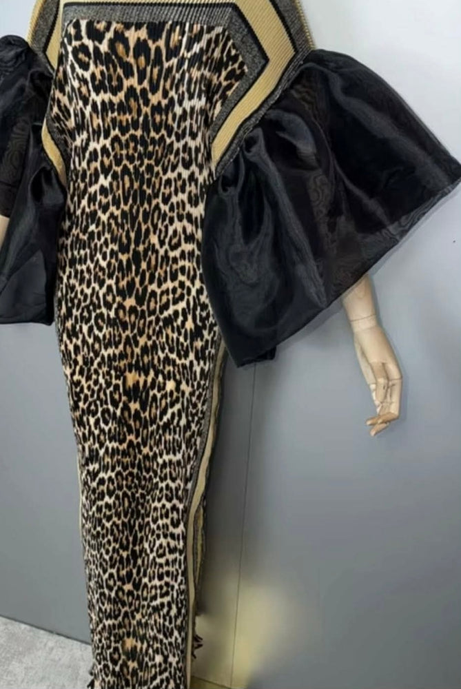 041626 Bold Leopard Print W/ Dramatic Sheer Sleeves Dress   PREORDER