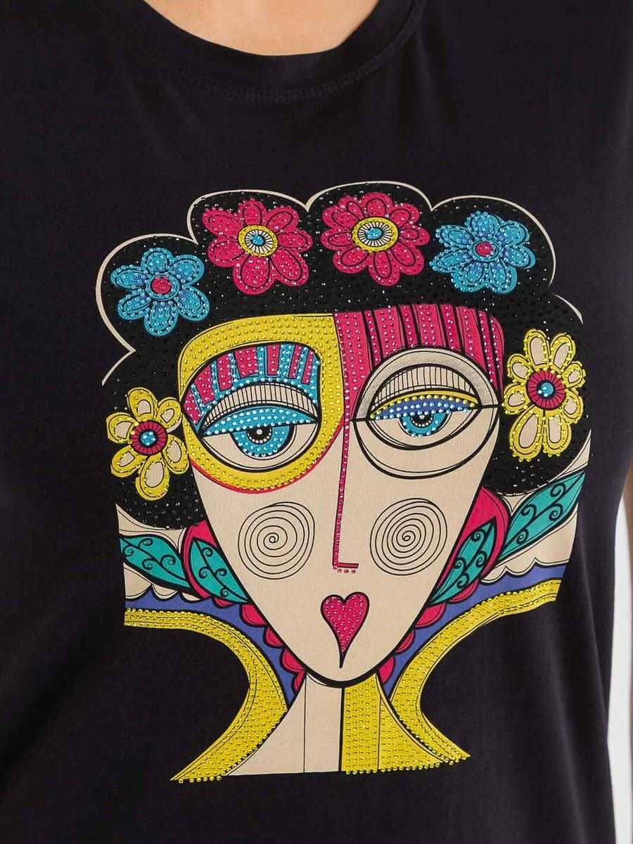 021226 Black Stylized Abstract Female face Illustration Graphic Top