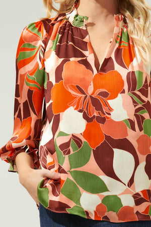 040925 Spring Peach Florals Ruffle V Neck Long Sleeve  Blouse