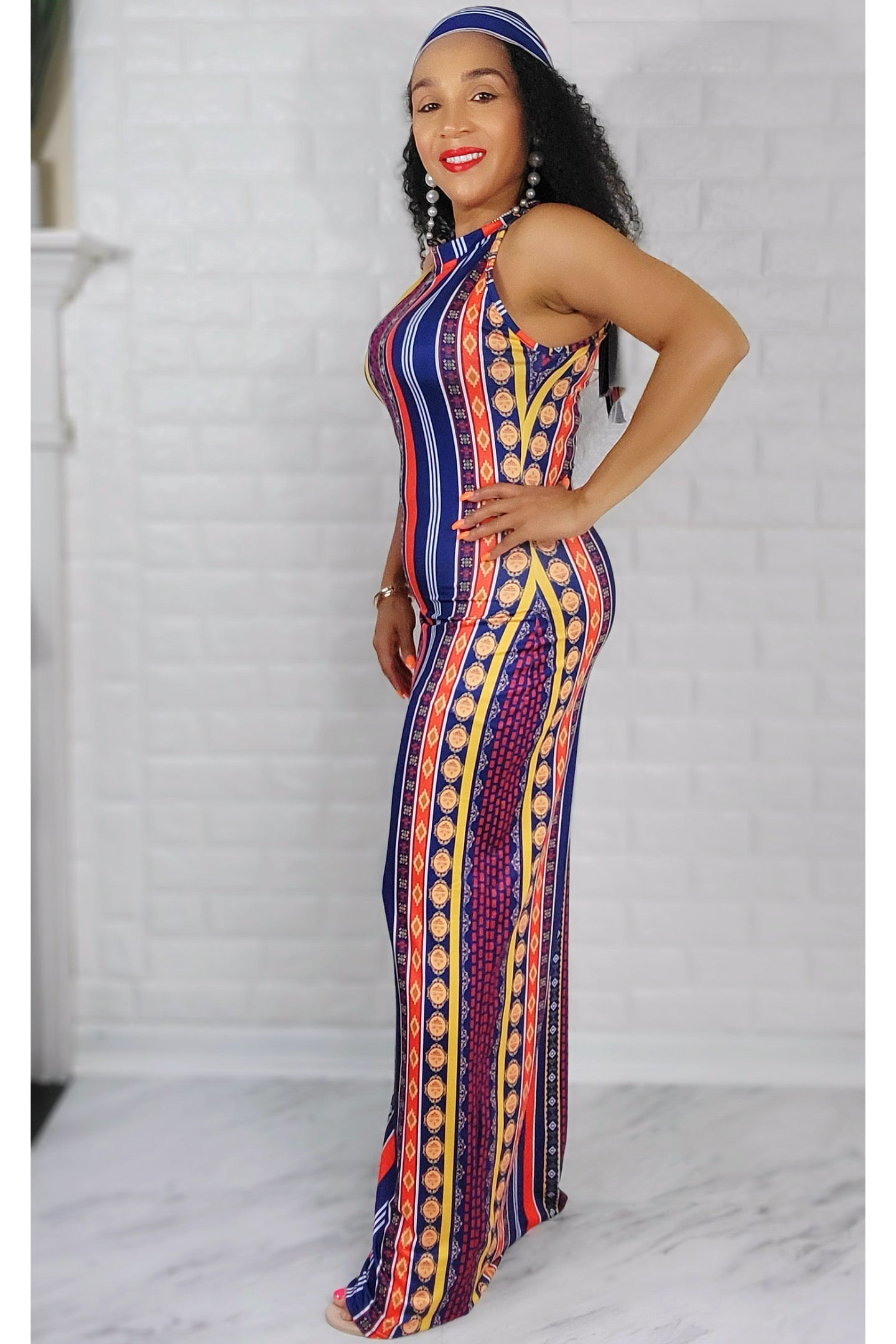 060823 Orange/Navy Blue Multi Print Maxi Dress with Scarf
