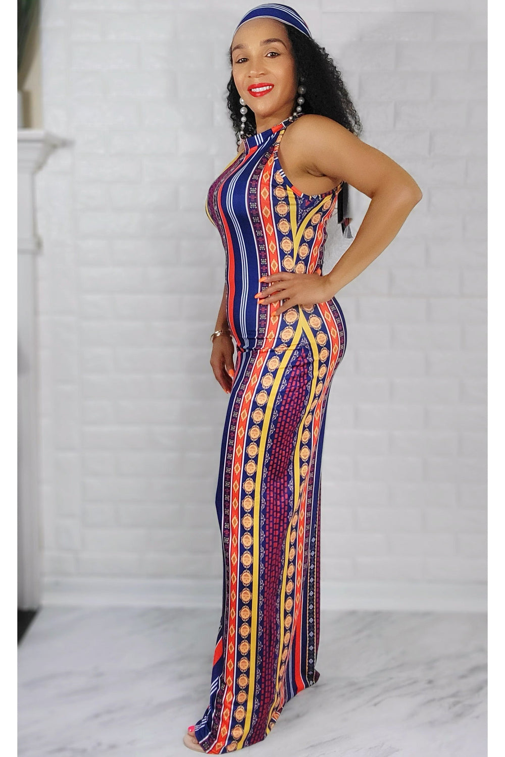 060823 Orange/Navy Blue Multi Print Maxi Dress with Scarf