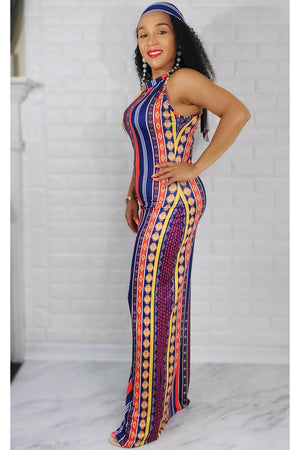 060823 Orange/Navy Blue Multi Print Maxi Dress with Scarf