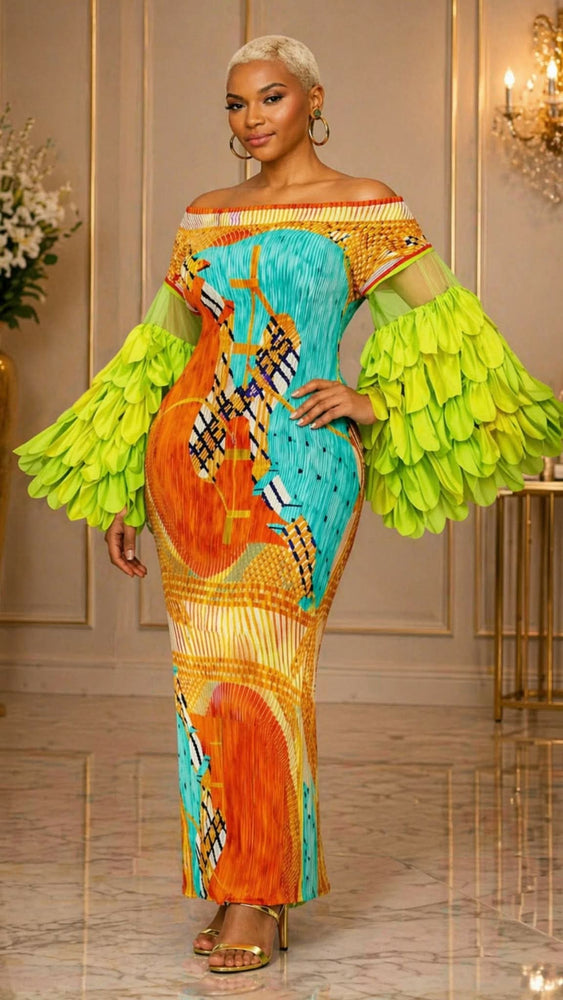 041626   The Orange Neon Bold Print Statement Sleeve Maxi Dress PREORDER