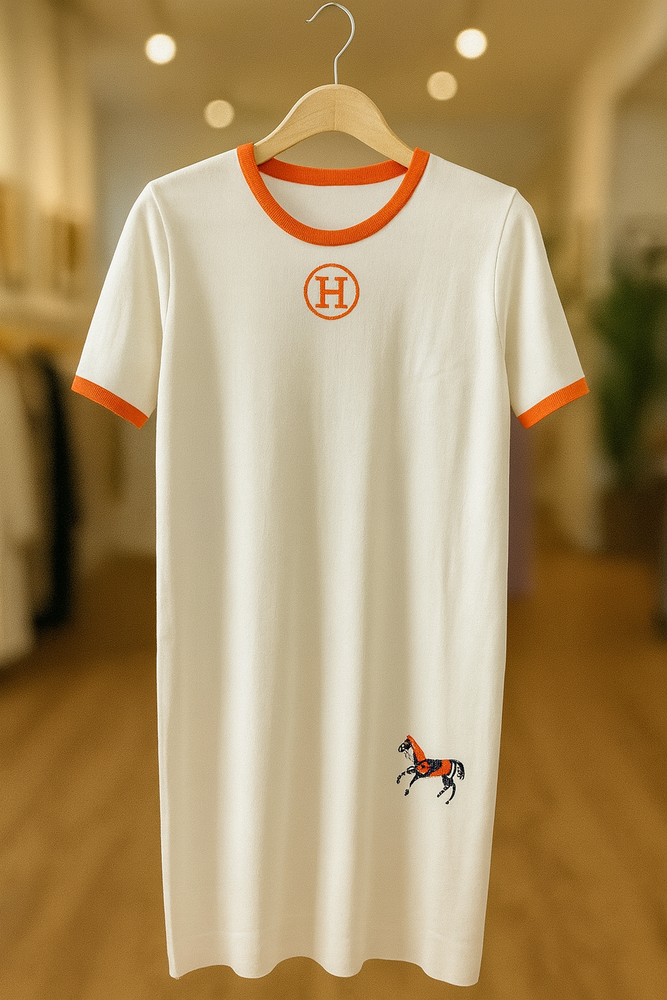 112025 Cream & Orange Equestrian Chic Knit Dress Set Preorder