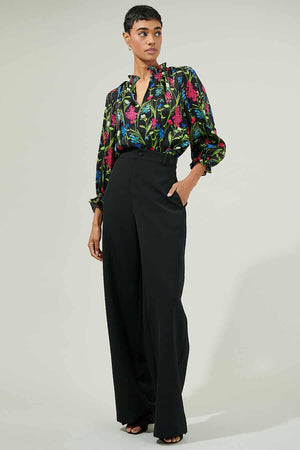 040925 Spring Black Florals V Neck Ruffle Sleeve Blouse