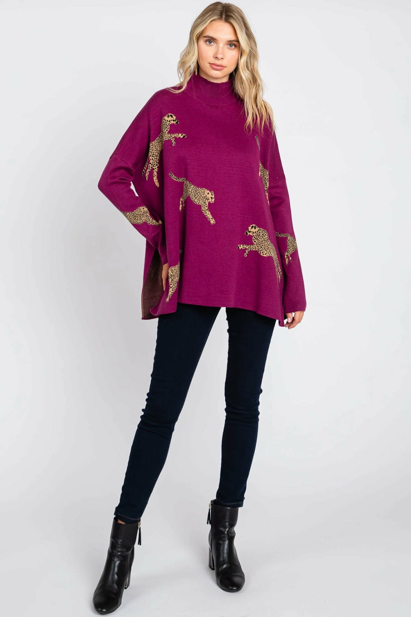 021126 Plum Mock Neck Graphic Pullover Oversized Sweater