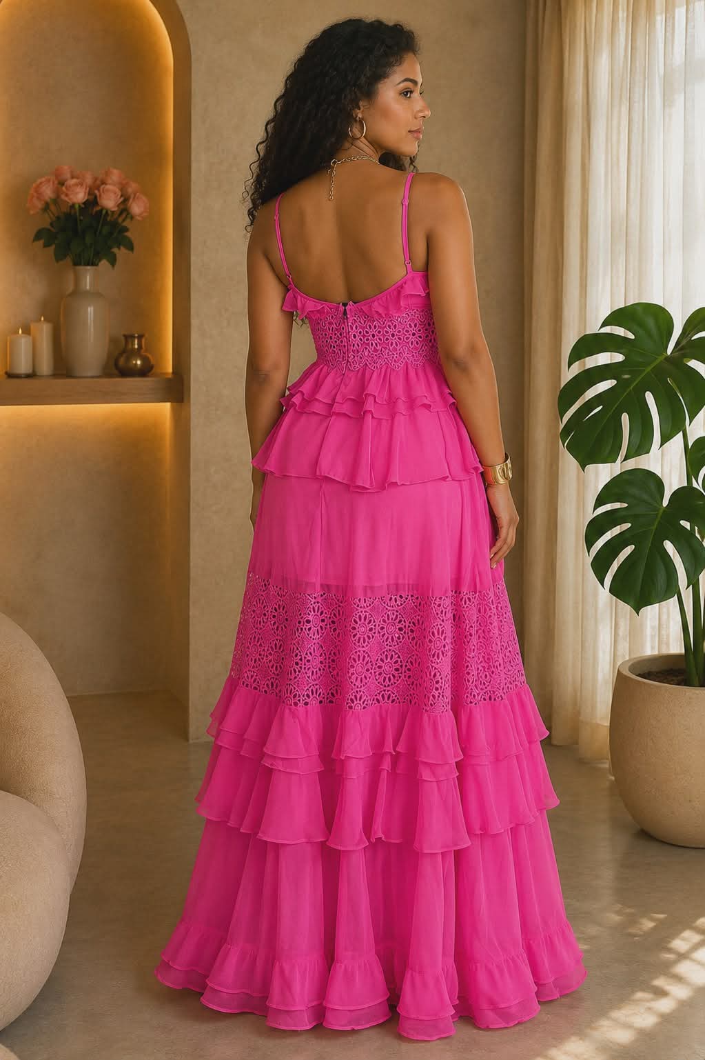051625 Hot Pink Solid Ruffle Crochet Detail Tiered Maxi Dress