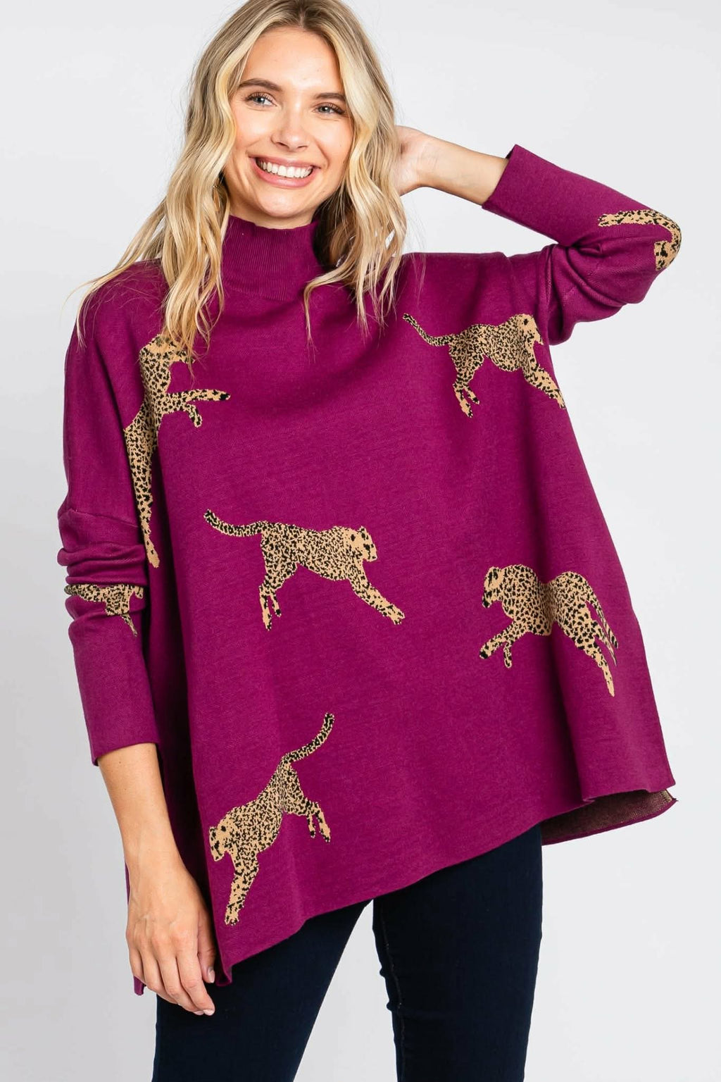 021126 Plum Mock Neck Graphic Pullover Oversized Sweater