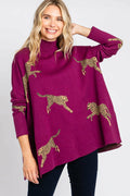 021126 Plum Mock Neck Graphic Pullover Oversized Sweater