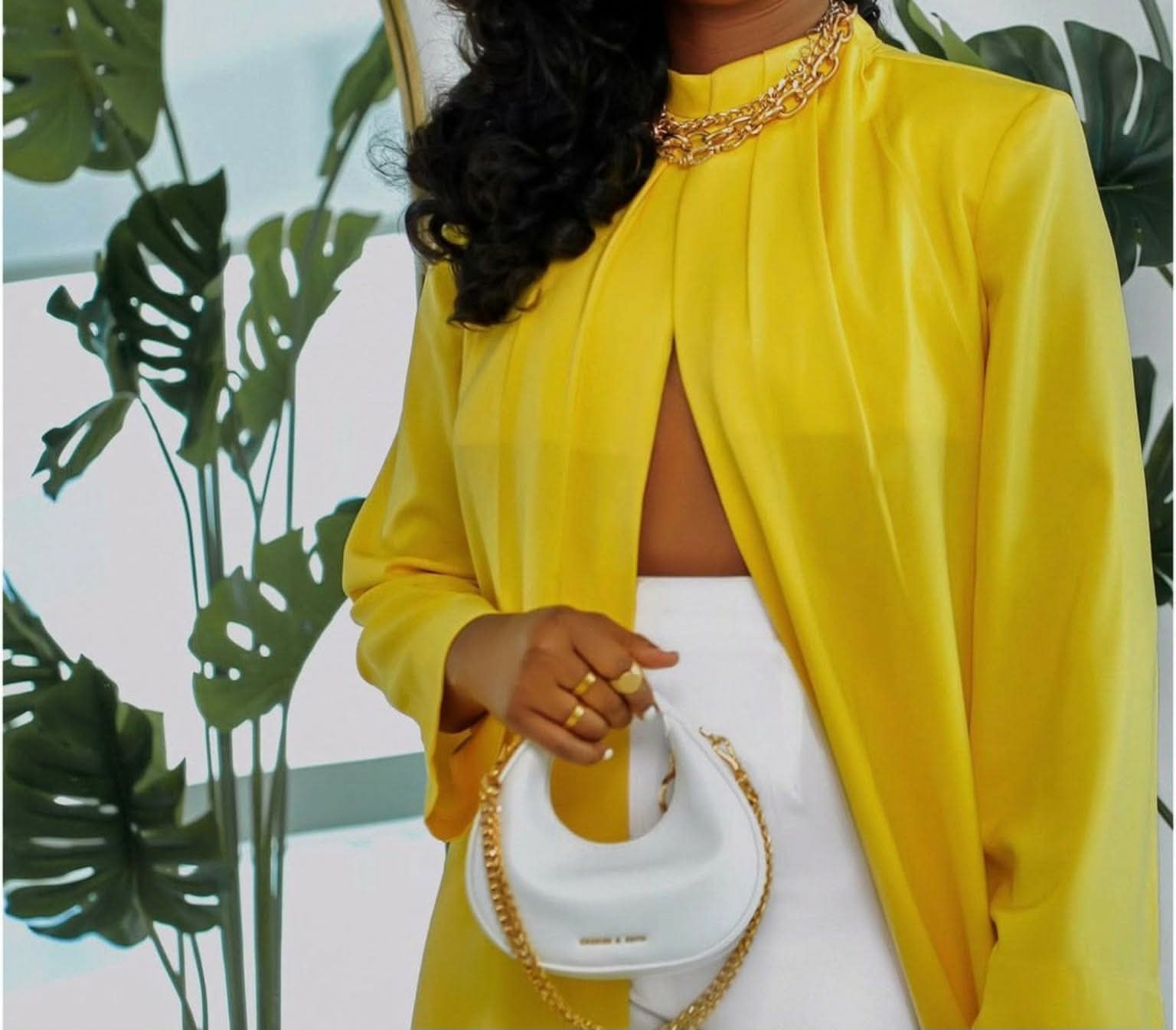 020123 The white & Yellow Majesty  Top/Pant Set with Necklace
