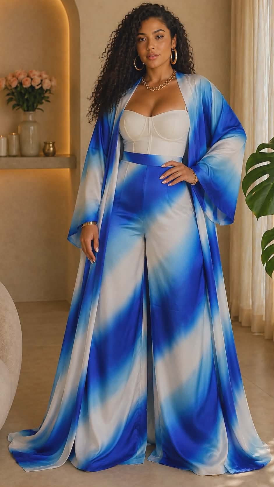 042623 The Blue Sky Vacation Duster & Wide Leg Palazzo Pant Set