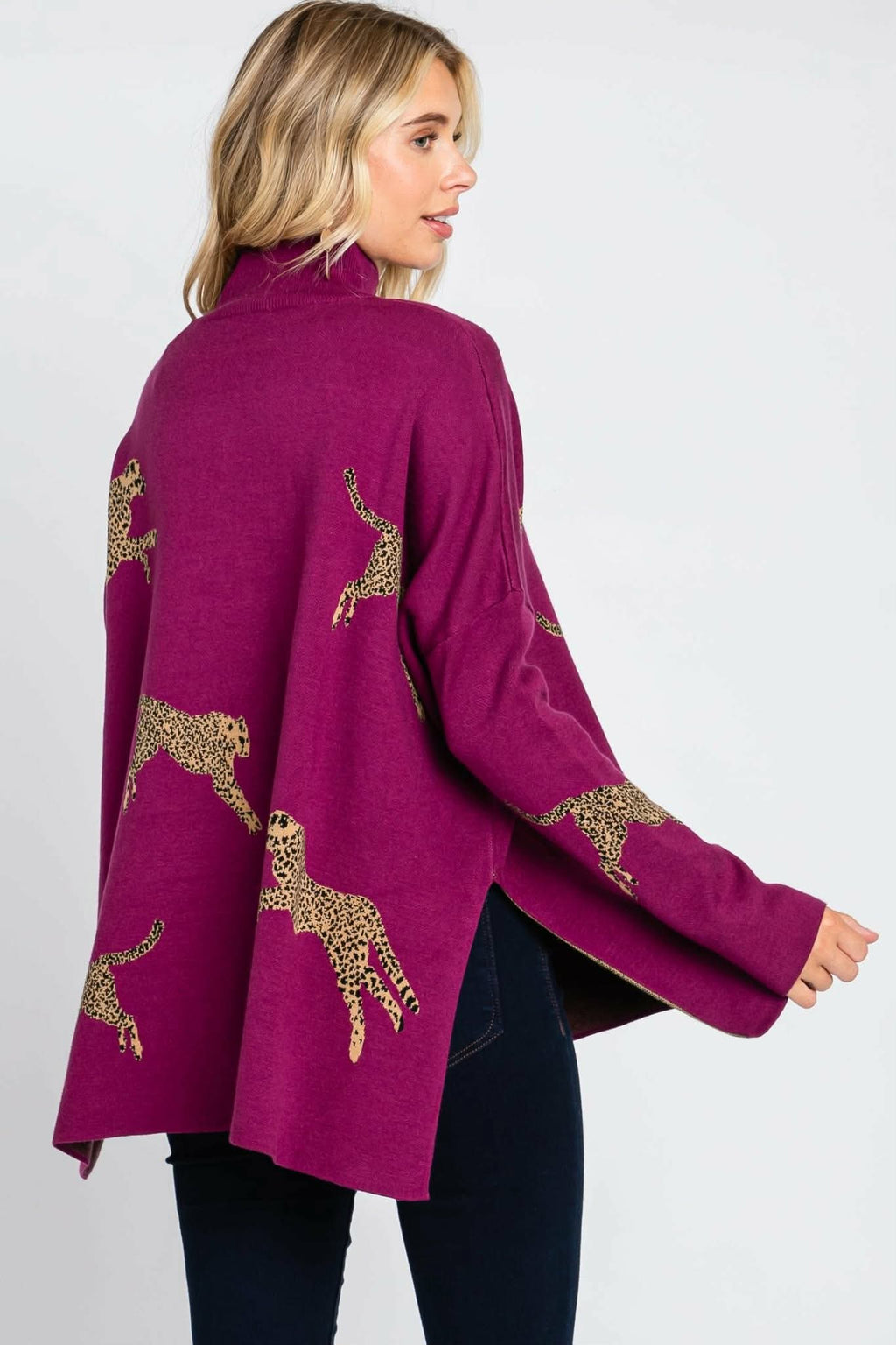 021126 Plum Mock Neck Graphic Pullover Oversized Sweater
